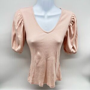 Vero Moda Blush Pink Ribbed V-Neck Puff Sleeve Top
